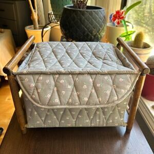 Vtg Sewing Box Basket Ellen Original Tote Wood Frame Knit Quilted